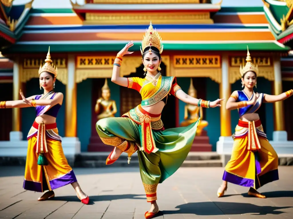 Un grupo de bailarines tradicionales tailandeses con trajes coloridos y elaborados realizando una rutina elegante frente a un templo histórico, capturando la esencia de la danza asiática