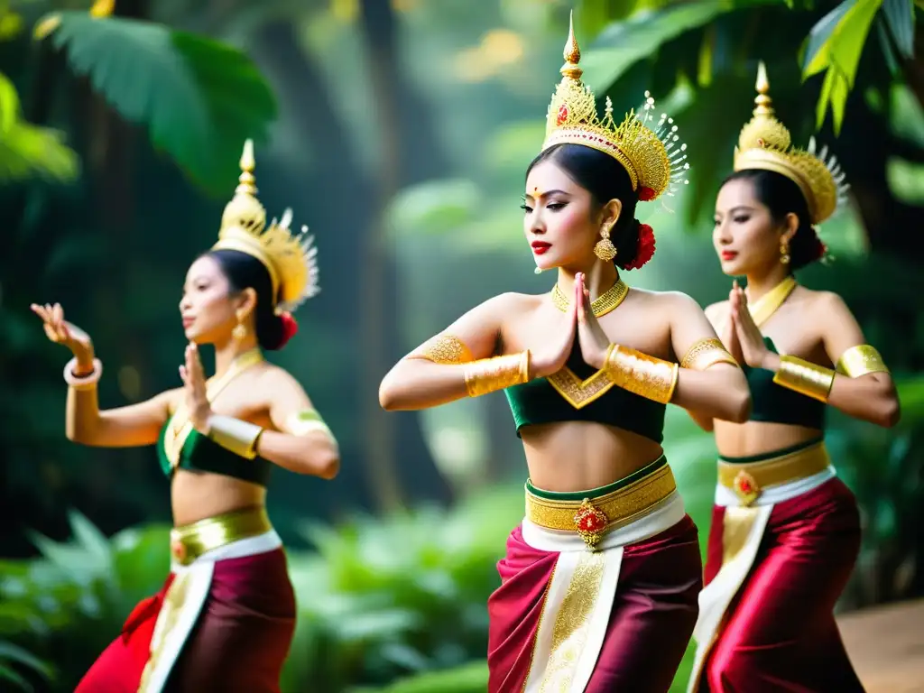 Un grupo de bailarines tradicionales tailandeses ejecutan una danza elegante y elaborada en medio de exuberante vegetación