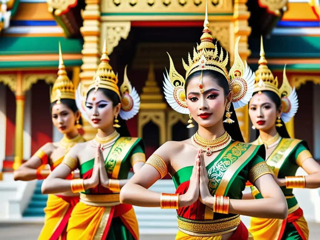 Un grupo de bailarines tradicionales tailandeses realizan una elegante danza frente a un impresionante templo en Bangkok, destacando la importancia cultural de las danzas típicas en Tailandia