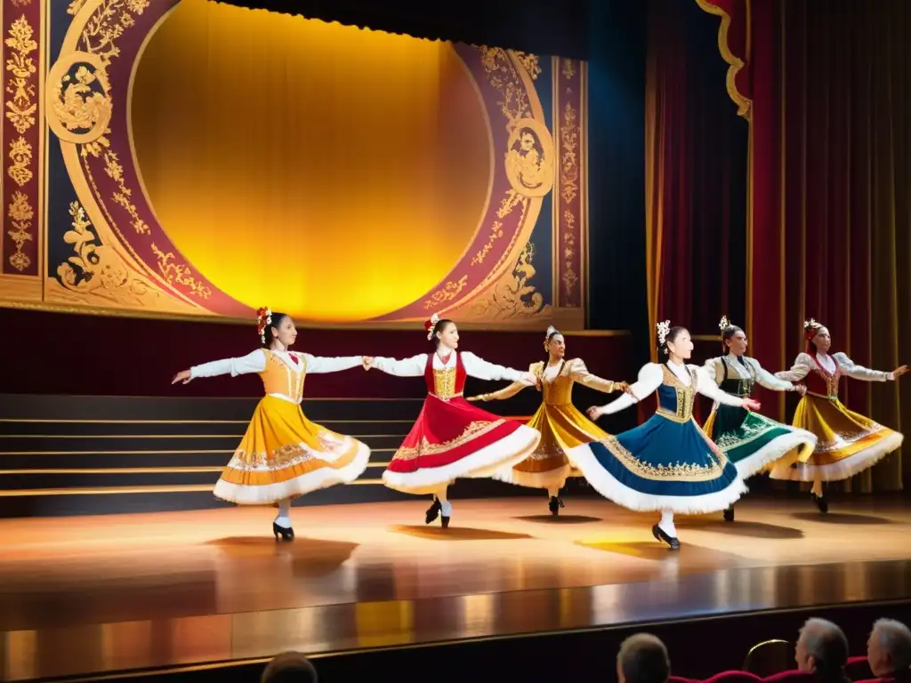 Grupo de bailarines tradicionales en teatro grandioso, con transmisión intergeneracional danzas tradicionales