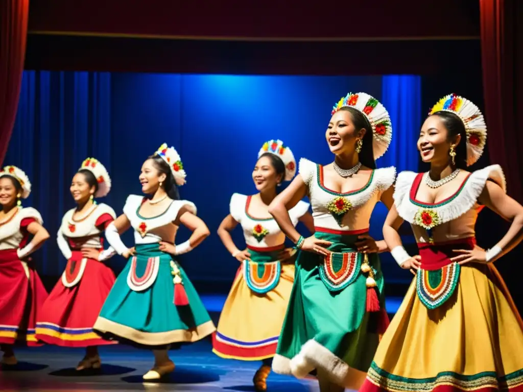 Grupo de bailarines tradicionales en un teatro ornamentado, con movimientos sincronizados y expresiones de concentración y alegría