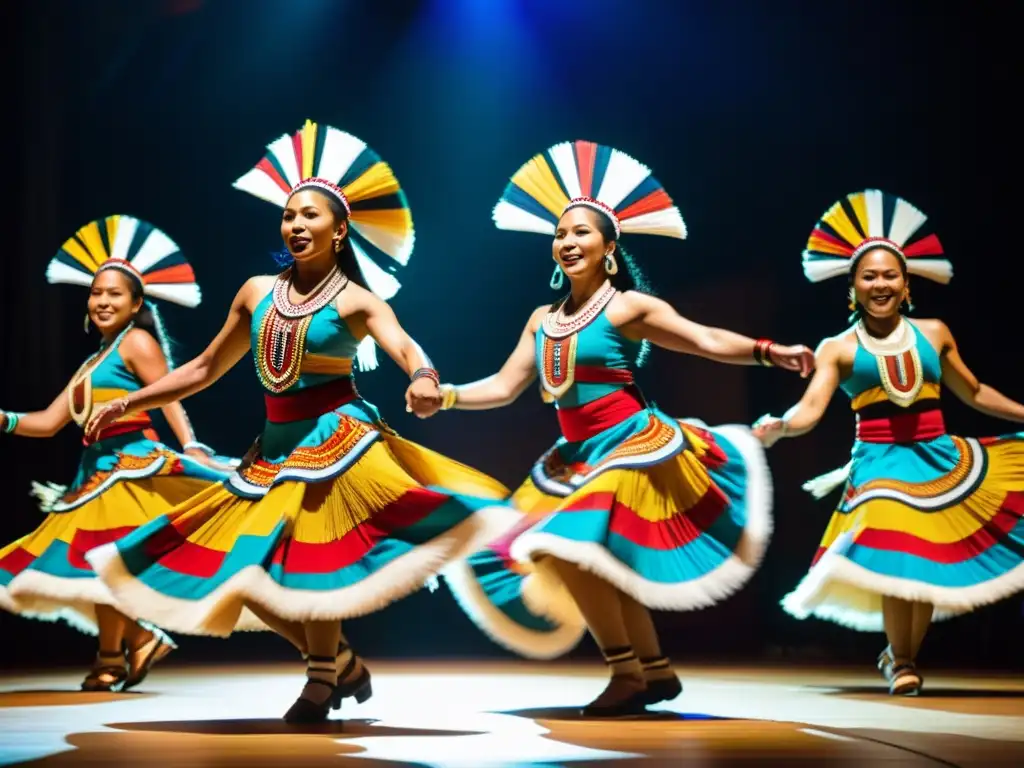 Grupo de bailarines tradicionales ejecutando técnicas de sincronización de música en vibrante actuación folclórica