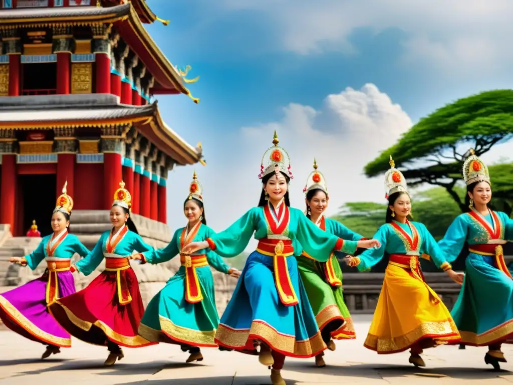 Grupo de bailarines tradicionales danzando con técnicas cinematográficas para capturar el baile en un antiguo templo