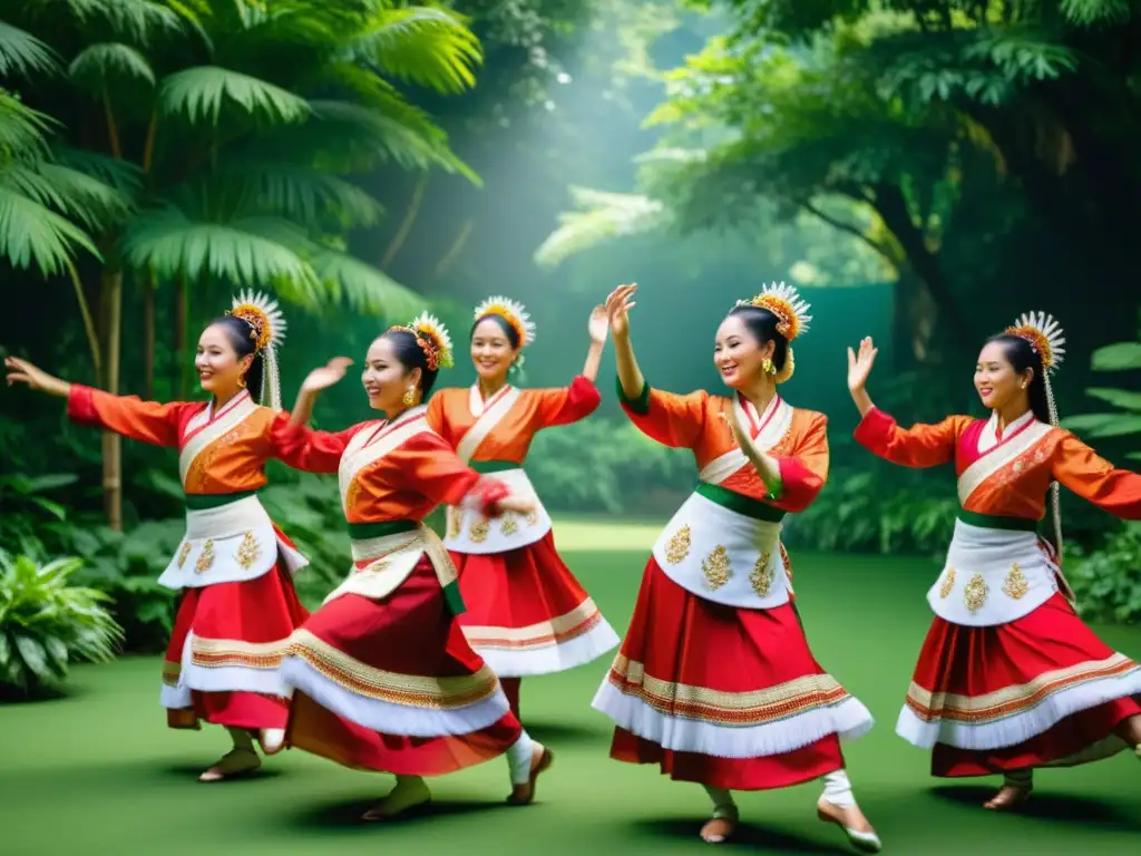 Grupo de bailarines tradicionales ejecutan técnicas de danza tradicional detalladas en exuberante entorno natural, irradiando gracia y alegría