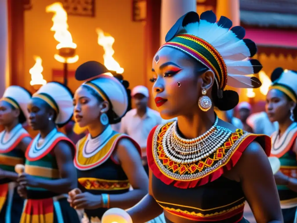 Un grupo de bailarines tradicionales en un templo adornado, danzando al ritmo de tambores en una atmósfera reverente y llena de significado cultural