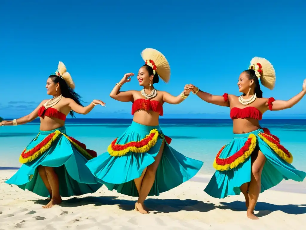 Un grupo de bailarines tradicionales de Tonga realiza un dinámico baile en la playa, con el océano turquesa de fondo