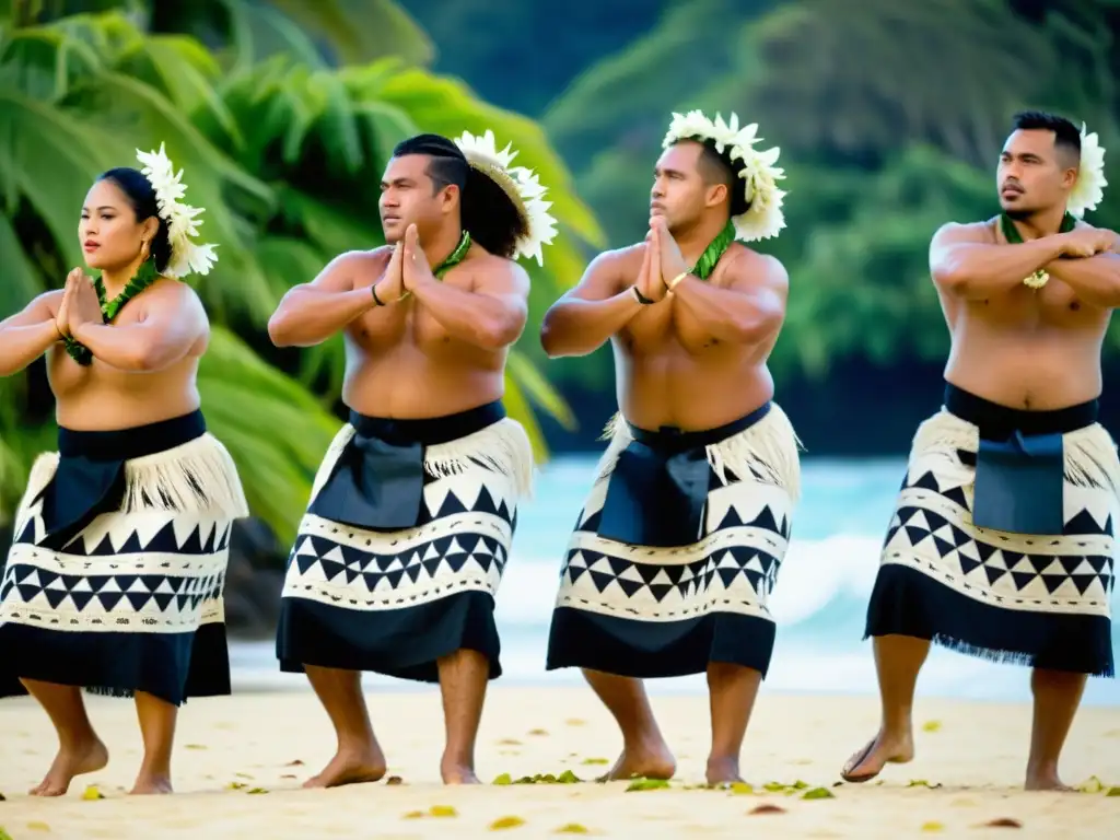 Grupo de bailarines tradicionales de Tonga realizando un cautivador haka, con diseños de tapa y guirnaldas de flores