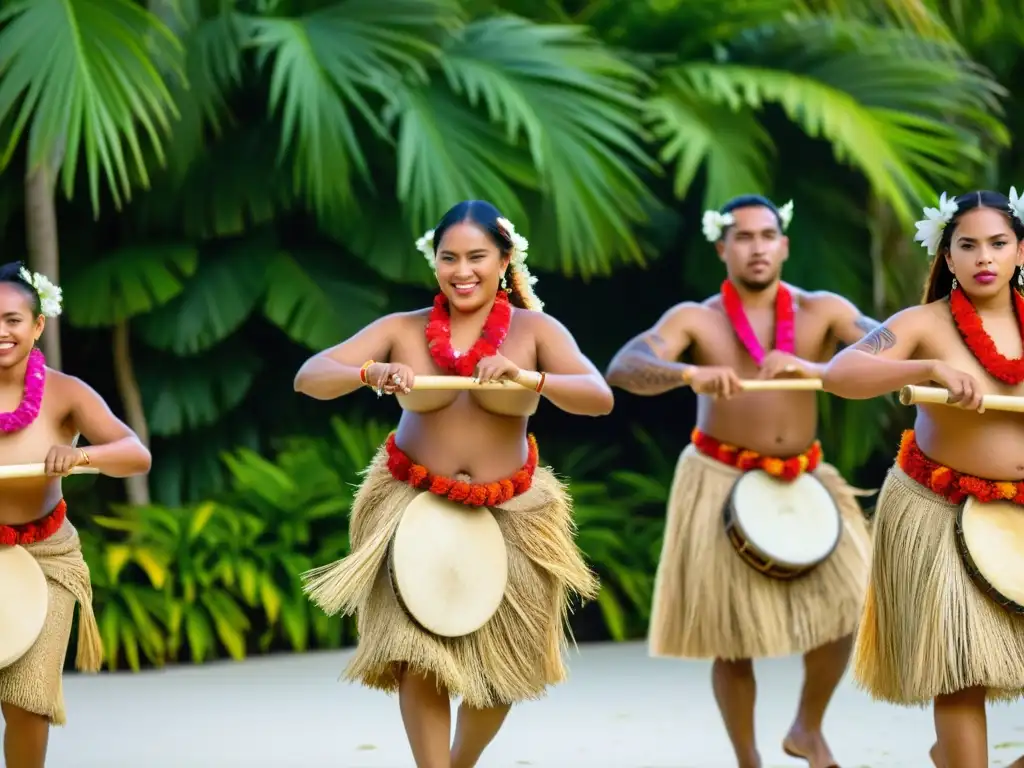 Un grupo de bailarines tradicionales de Tonga con faldas de hierba, tapa y adornos florales, danzando con gracia al ritmo de tambores y cánticos