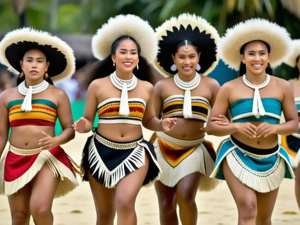 Grupo de bailarines tradicionales de Tonga con impresionante vestimenta de danza artesanal, expresando la rica herencia cultural de Tonga