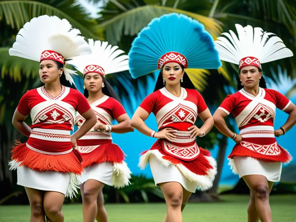 Grupo de bailarines tradicionales de Tonga ejecutando la danza Kailao con vestimenta vibrante