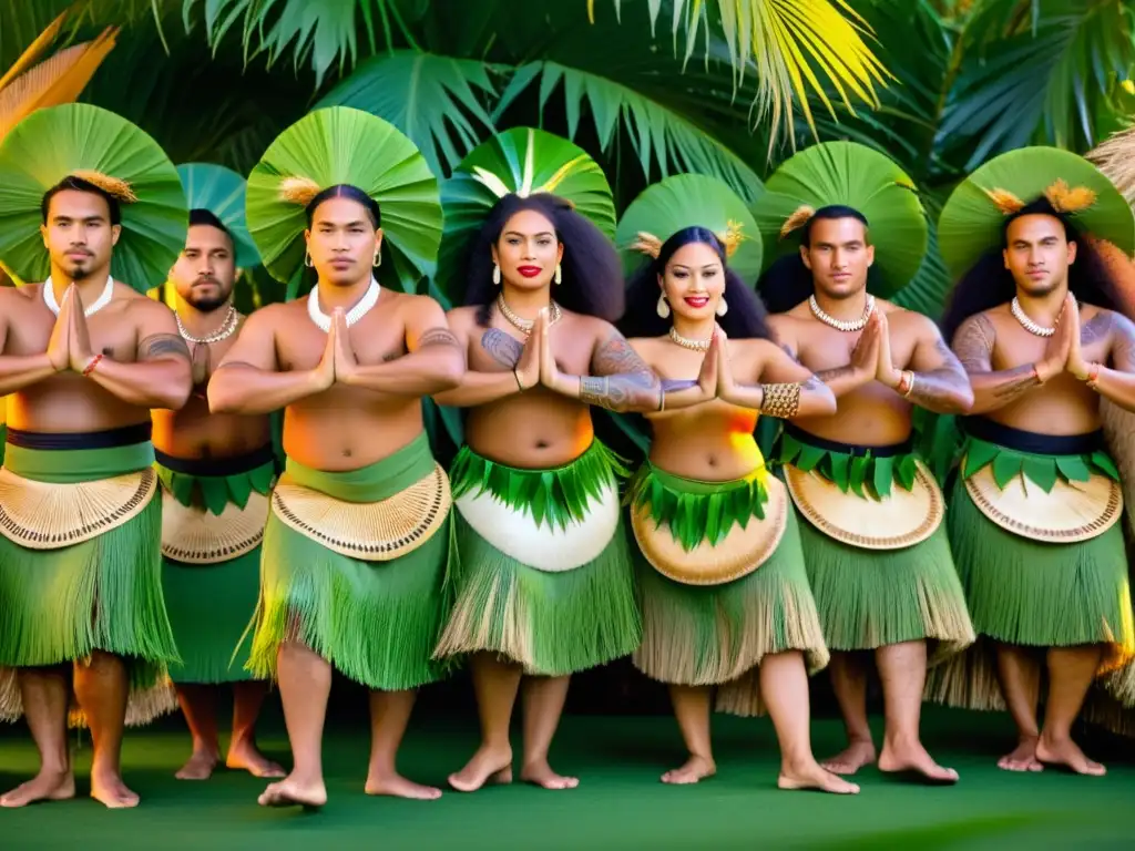 Grupo de bailarines tradicionales tonganos con trajes vibrantes y movimientos llenos de significado cultural, danza y música de Tonga