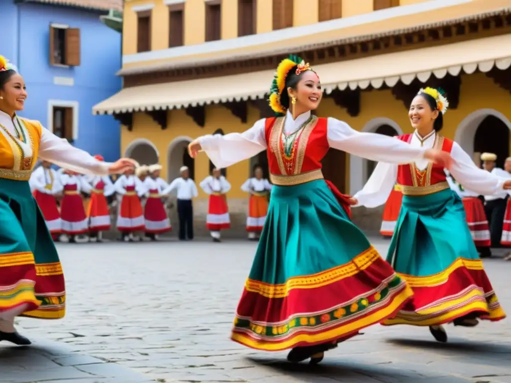 Grupo de bailarines tradicionales con trajes vibrantes danzando en una plaza llena de turistas