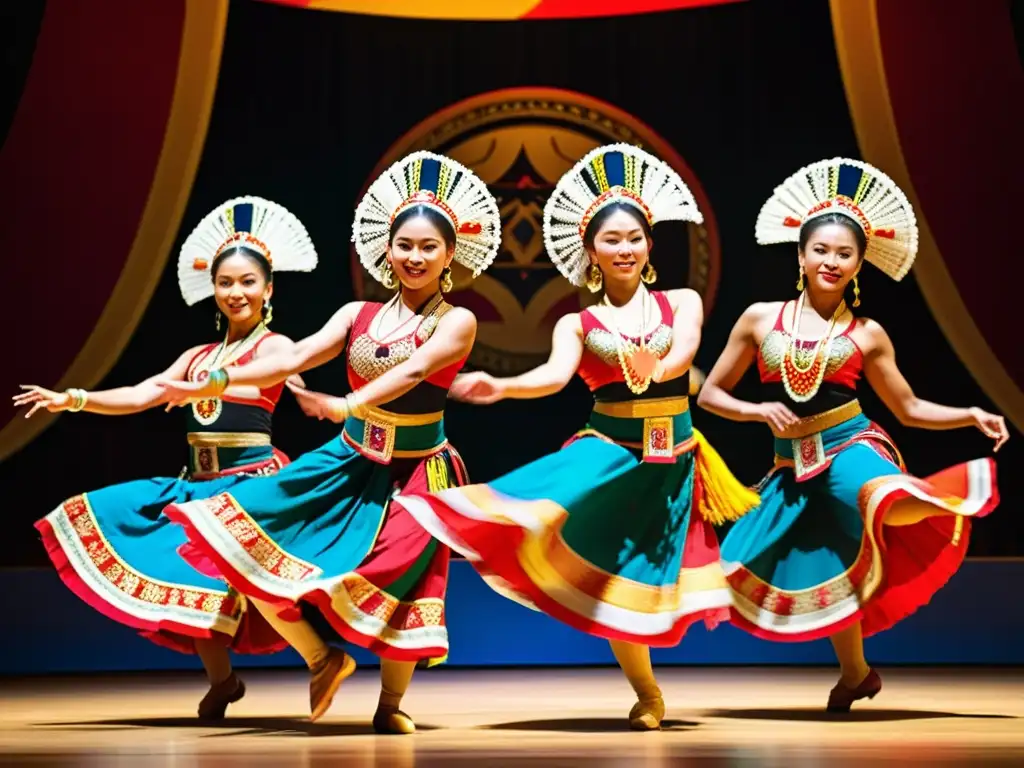 Grupo de bailarines tradicionales en trajes vibrantes y detallados ejecutan una rutina dinámica, mostrando técnicas de danza tradicional detalladas