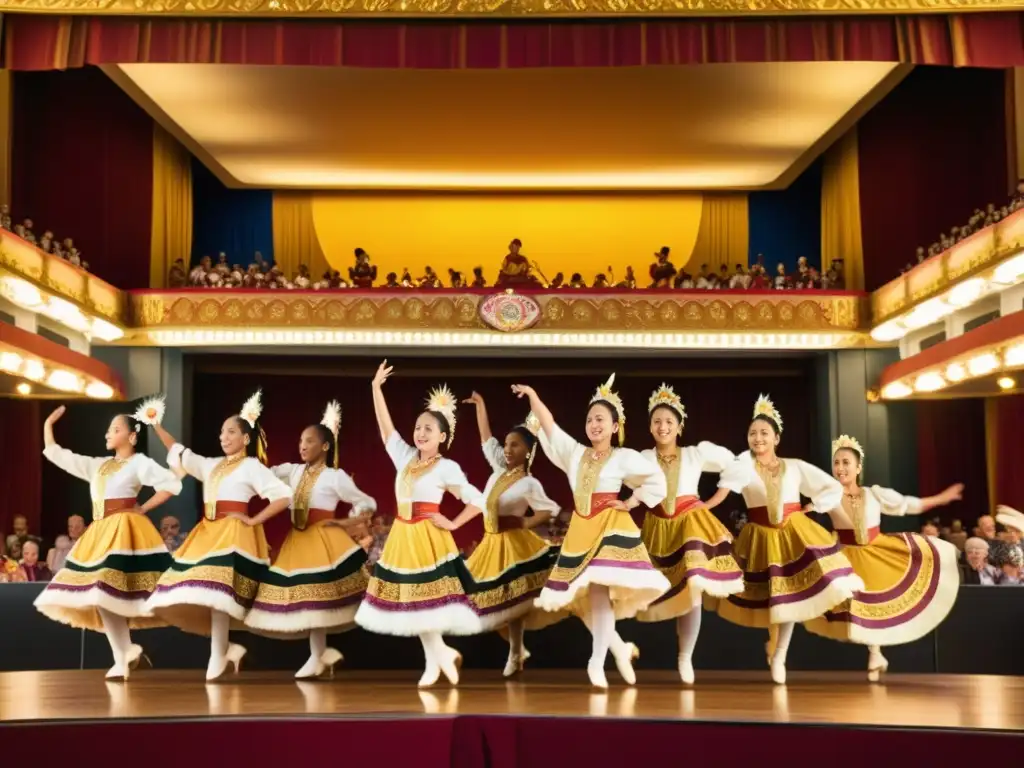 Un grupo de bailarines tradicionales en trajes vibrantes ejecutando una rutina sincronizada en un teatro histórico