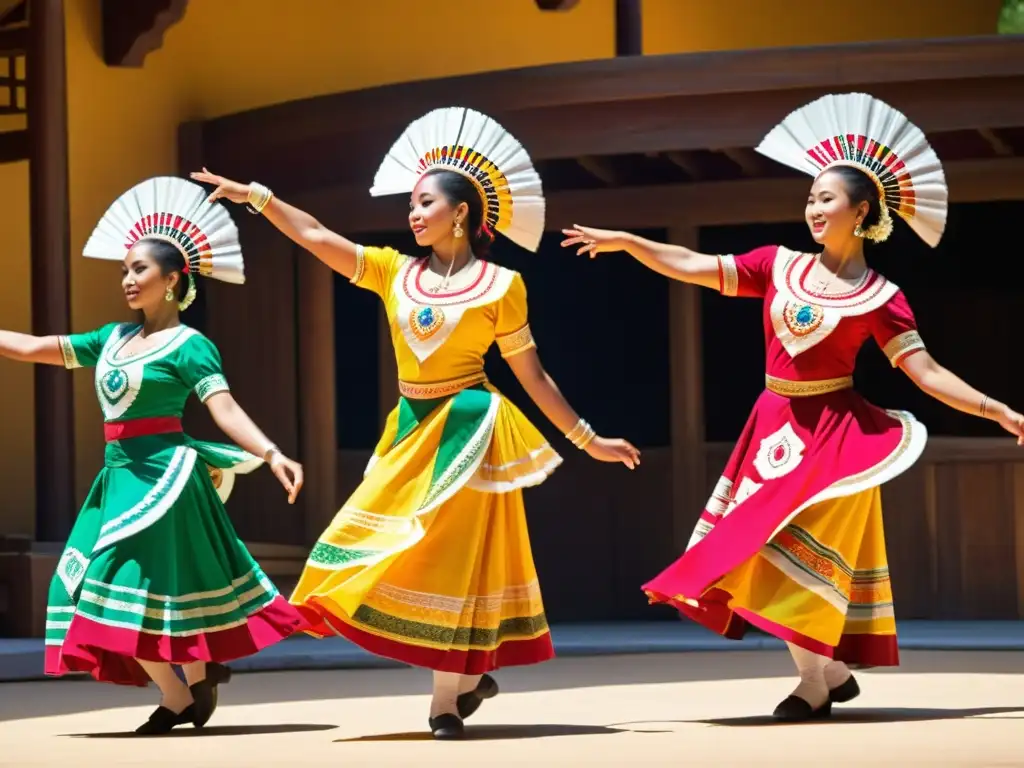 Un grupo de bailarines tradicionales con trajes vibrantes y detallados realizan una cautivadora danza en un teatro al aire libre