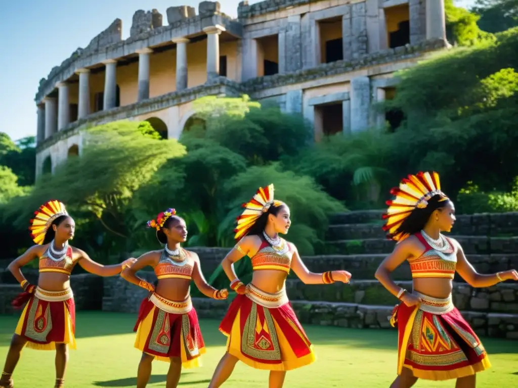 Grupo de bailarines tradicionales en trajes vibrantes, moviéndose graciosamente en ruinas antiguas, evocando la belleza de la música tradicional