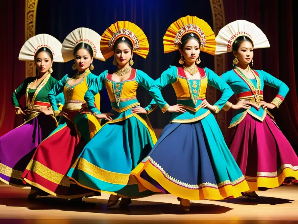 Un grupo de bailarines tradicionales vistiendo trajes vibrantes y detallados en una actuación dinámica que celebra la moda de la danza tradicional