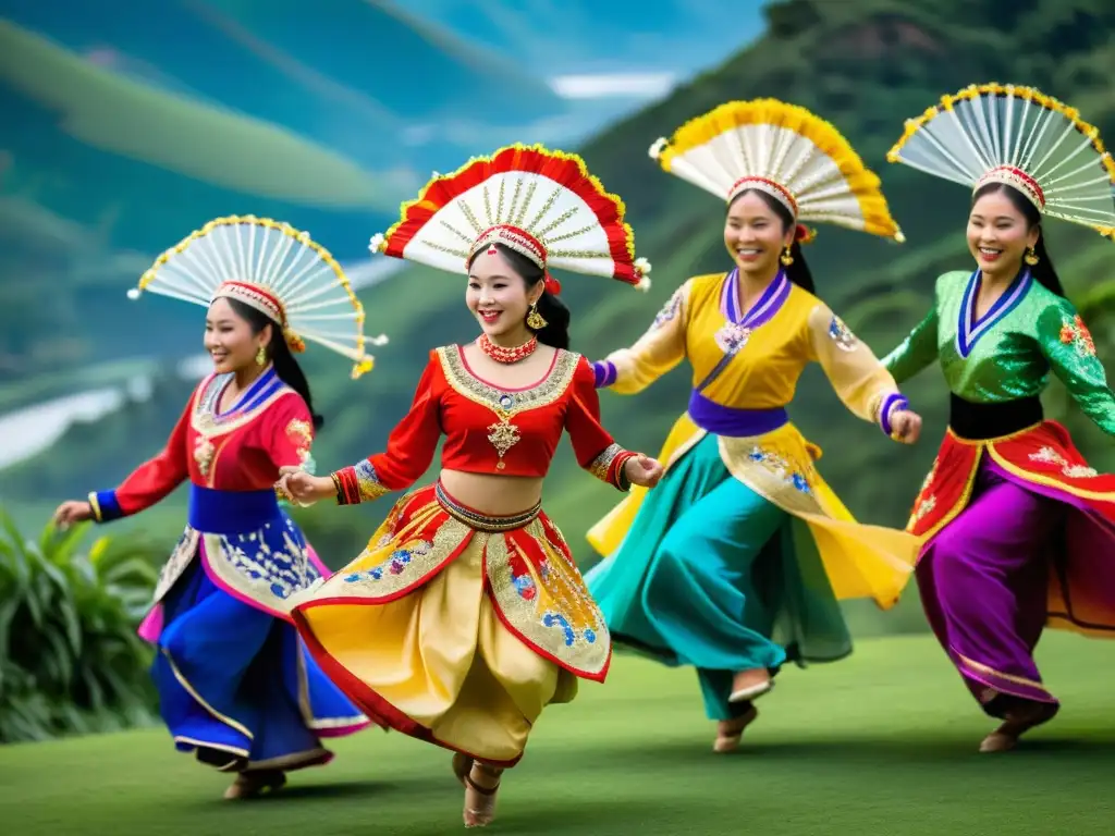 Grupo de bailarines tradicionales con trajes vibrantes y elaborados, danzando en colinas verdes