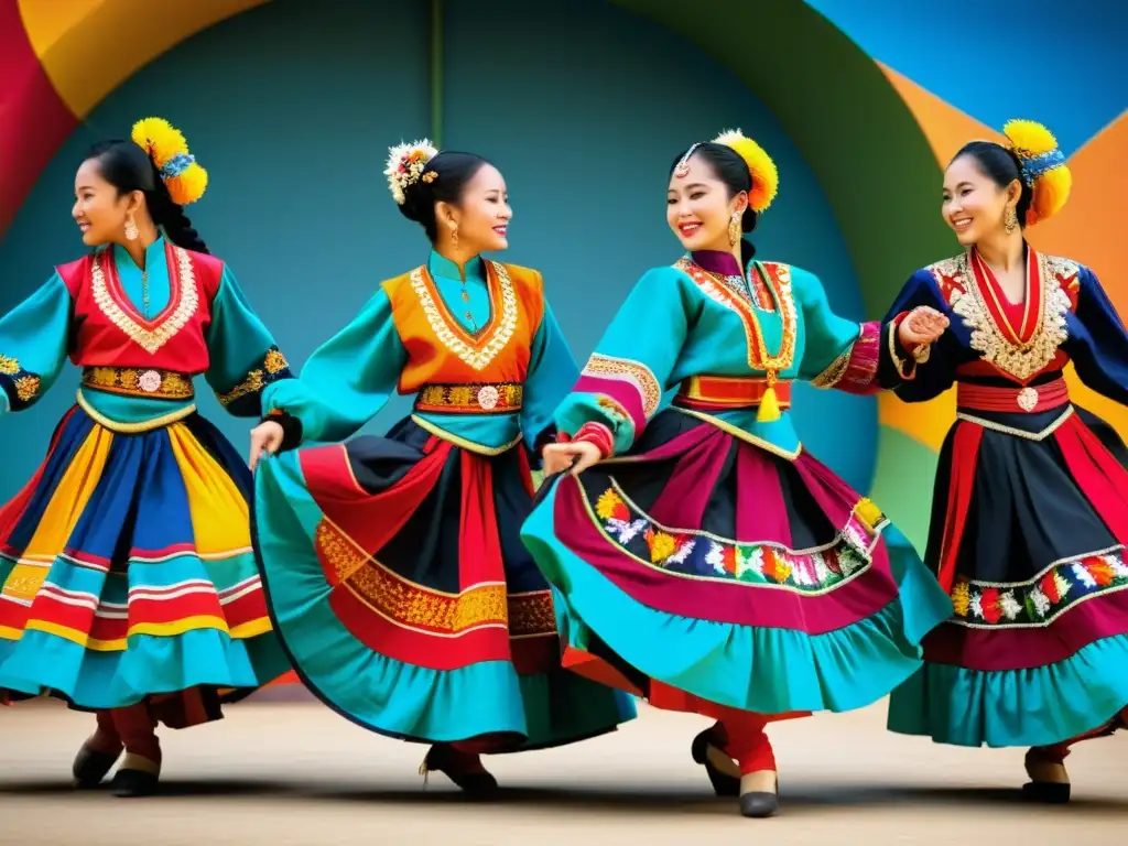 Un grupo de bailarines tradicionales con trajes vibrantes y detallados, expresando la importancia de la vestimenta en el baile tradicional