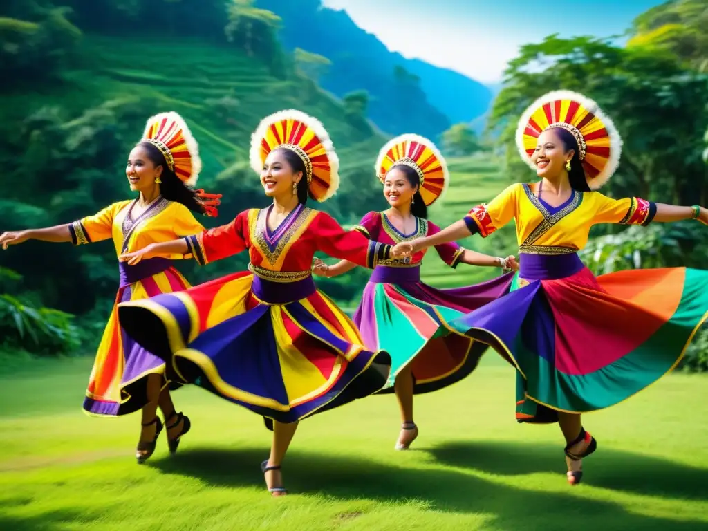 Grupo de bailarines tradicionales, trajes coloridos danzan en la naturaleza