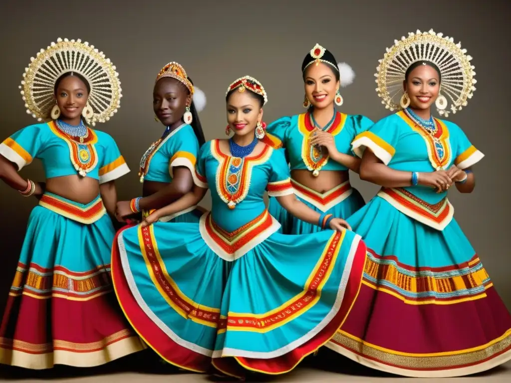 Grupo de bailarines tradicionales con trajes vibrantes y elaborados, capturando la energía y gracia de la danza