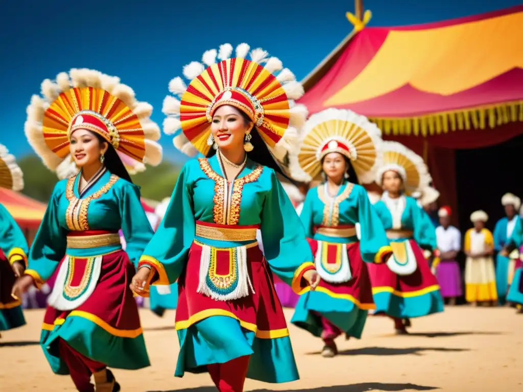 Grupo de bailarines tradicionales en trajes vibrantes y ornamentados, realizando una danza ceremonial en un festival cultural