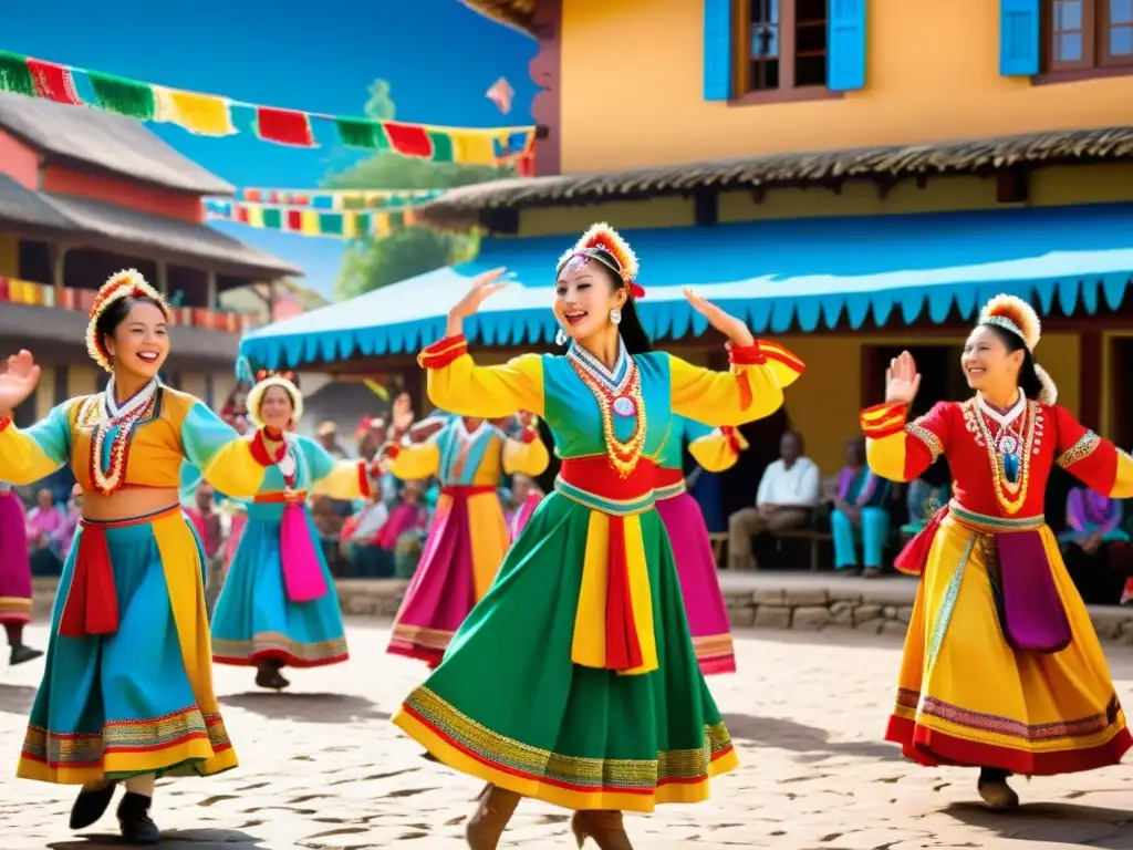 Grupo de bailarines tradicionales con trajes vibrantes en una plaza colorida