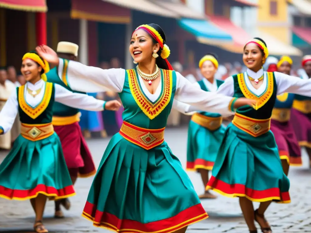 Grupo de bailarines tradicionales con trajes vibrantes en un mercado bullicioso, transmitiendo el significado cultural de danzas tradicionales en un ambiente dinámico y lleno de energía