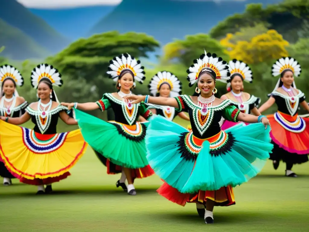 'Grupo de bailarines tradicionales con trajes vibrantes y plumas, danzando en un paisaje verde: significado cultural de danzas tradicionales'