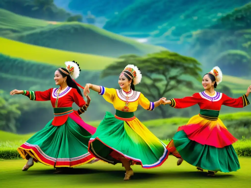 Grupo de bailarines tradicionales con trajes vibrantes y detallados bailando en paisaje verde