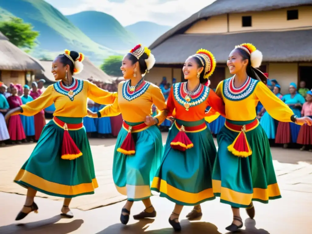 Grupo de bailarines tradicionales con trajes vibrantes, danzando en una plaza soleada, reflejando el significado cultural de danzas tradicionales