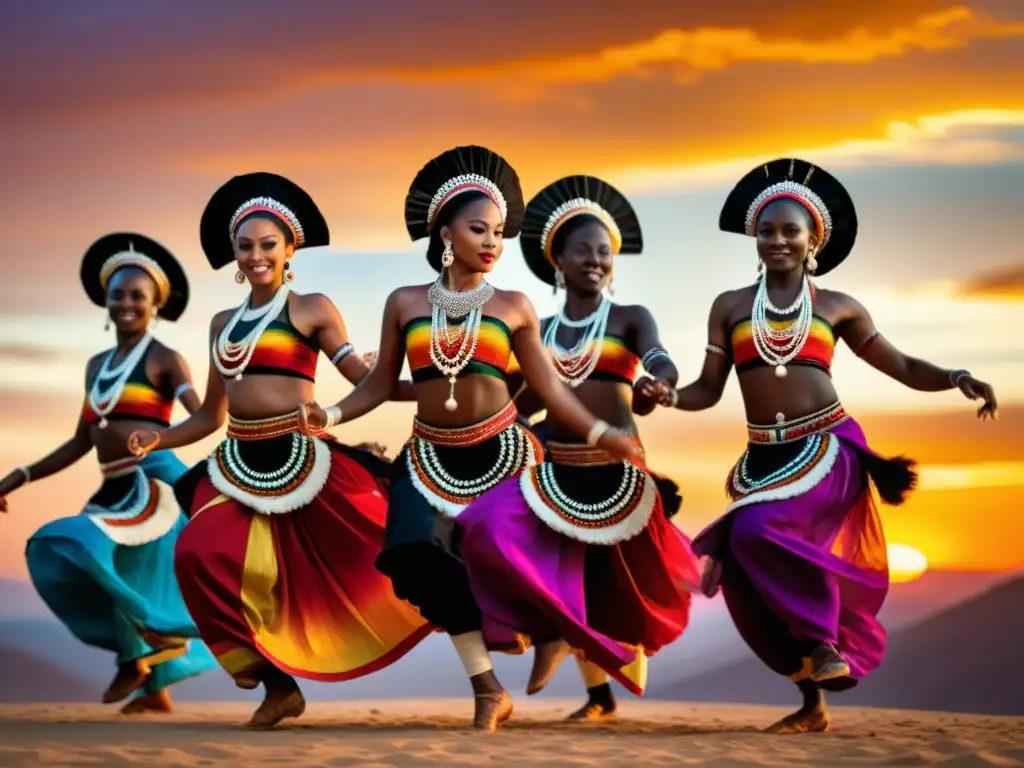 Un grupo de bailarines tradicionales con trajes vibrantes actúa al atardecer, mostrando el significado cultural de danzas tradicionales