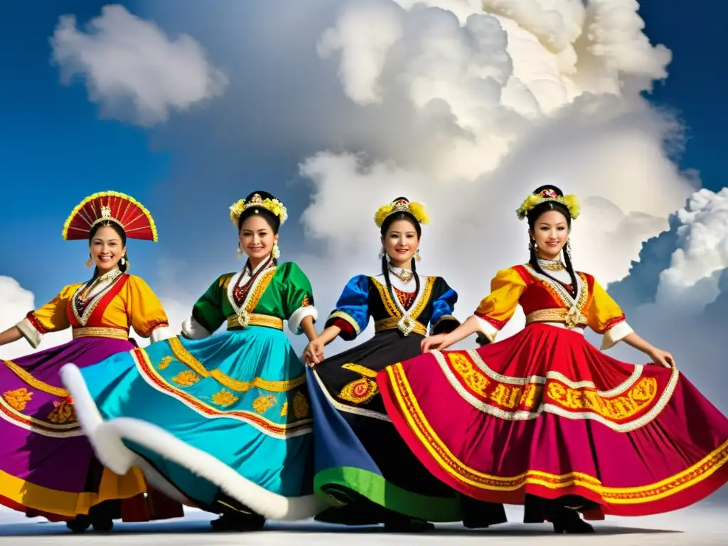 Un grupo de bailarines tradicionales con trajes vibrantes y bordados, capturando la energía y gracia de su danza