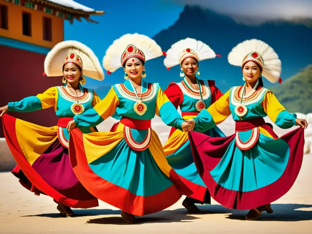 Un grupo de bailarines tradicionales en trajes vibrantes y elaborados, ejecutando movimientos gráciles en un lugar culturalmente significativo