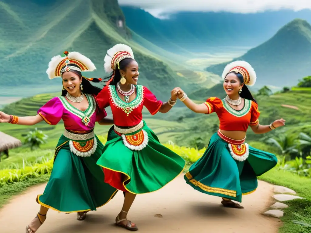 Grupo de bailarines tradicionales con trajes coloridos y bordados, realizando danza tradicional en un paisaje exuberante