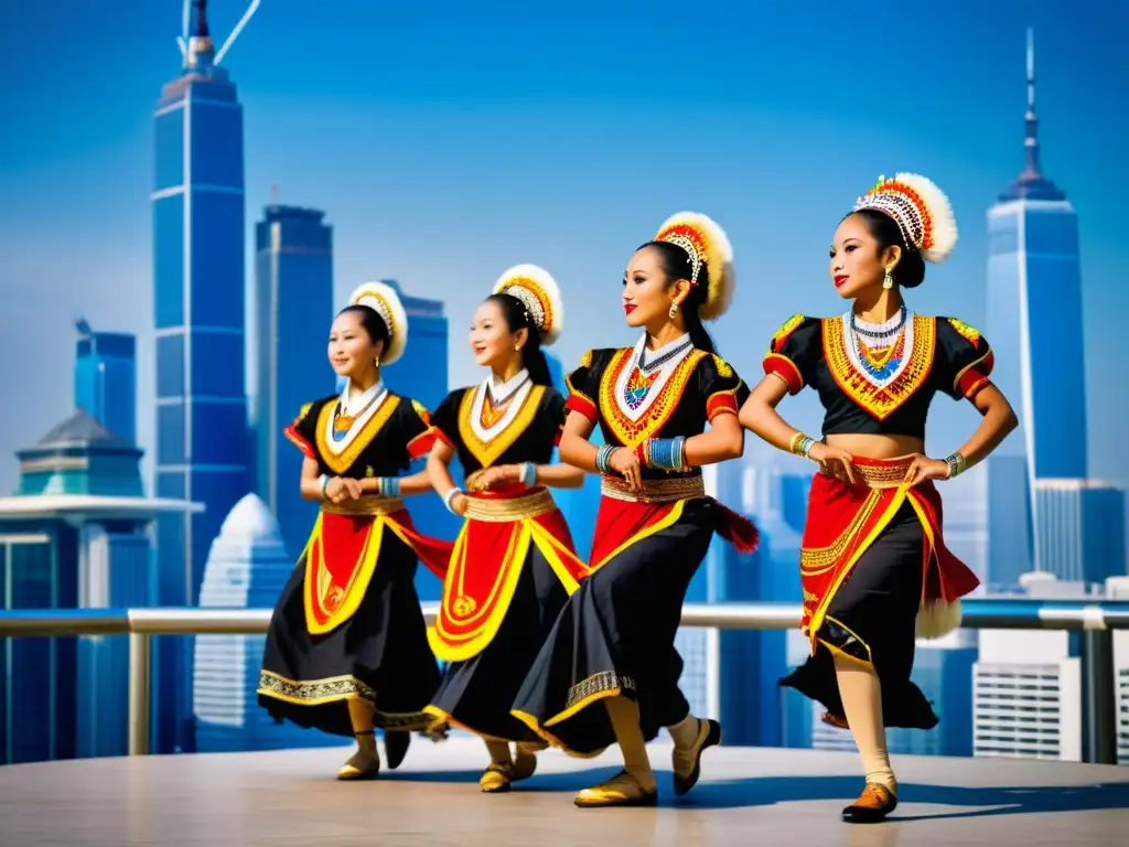 Grupo de bailarines tradicionales en trajes vibrantes, en contraste con rascacielos modernos