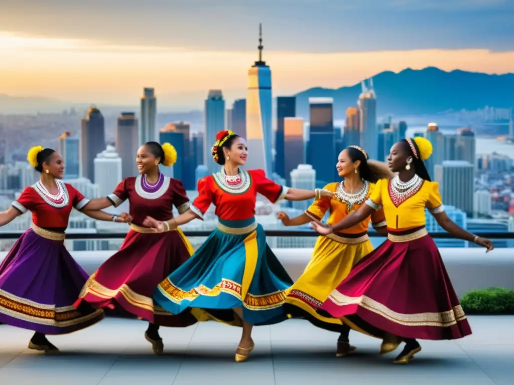 Grupo de bailarines tradicionales con trajes vibrantes danzan frente a la ciudad