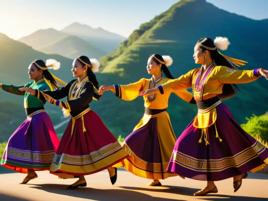 Un grupo de bailarines tradicionales con trajes vibrantes y patrones intrincados danzando en armonía en un entorno natural