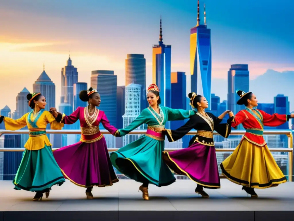 Grupo de bailarines tradicionales en trajes coloridos, danza y modernidad en perfecta fusión