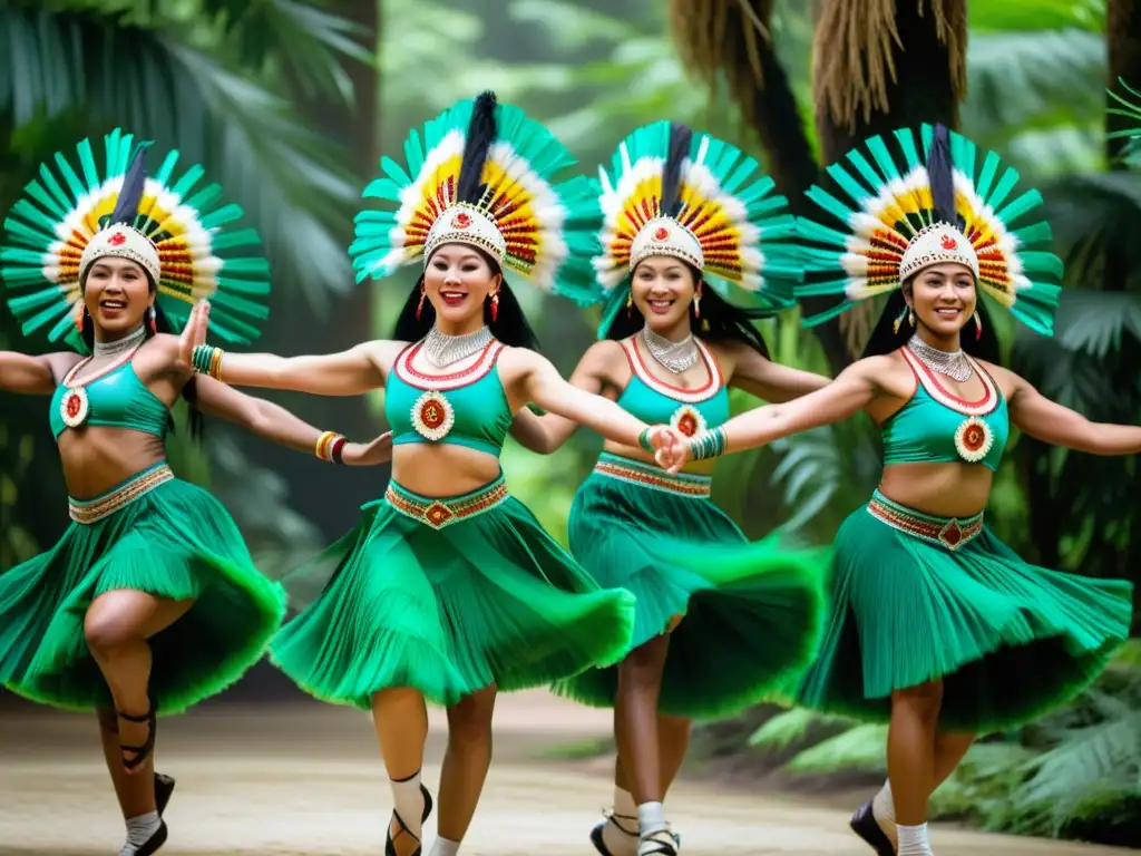 Un grupo de bailarines tradicionales, con trajes vibrantes y movimientos sincronizados, realizan una danza festiva en un bosque exuberante