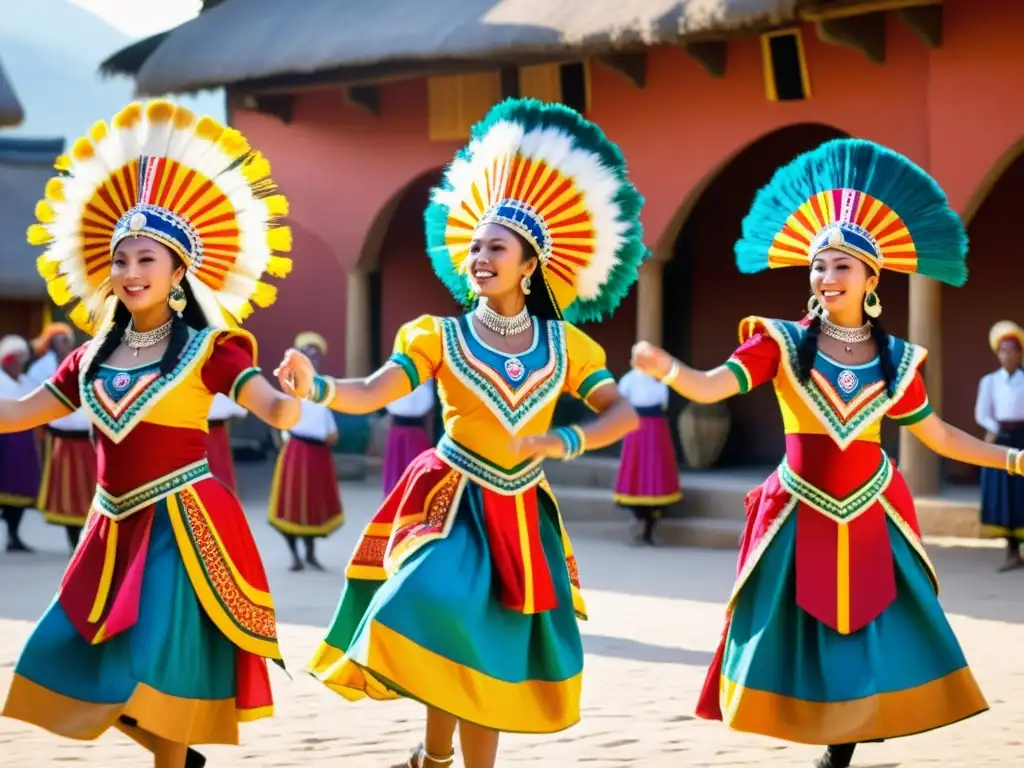 Un grupo de bailarines tradicionales con trajes vibrantes y patrones intrincados ejecutando una danza sincronizada en una plaza soleada