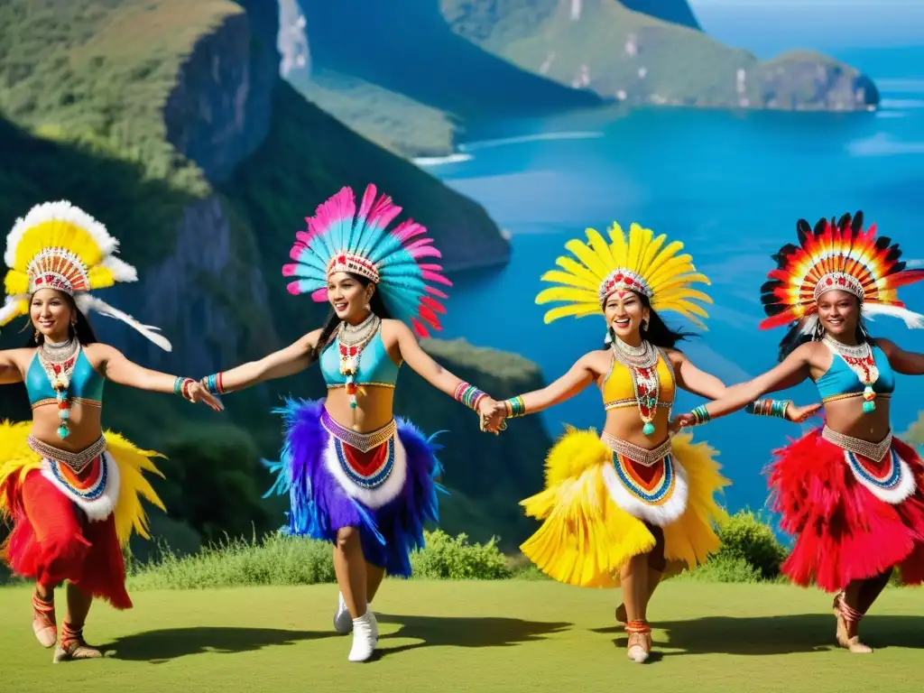 Grupo de bailarines tradicionales con trajes vibrantes y plumas, danzando en un paisaje natural