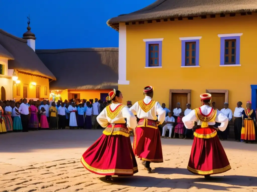 Un grupo de bailarines tradicionales en trajes coloridos y ornamentados realizando una danza en una plaza vibrante y animada de un pueblo