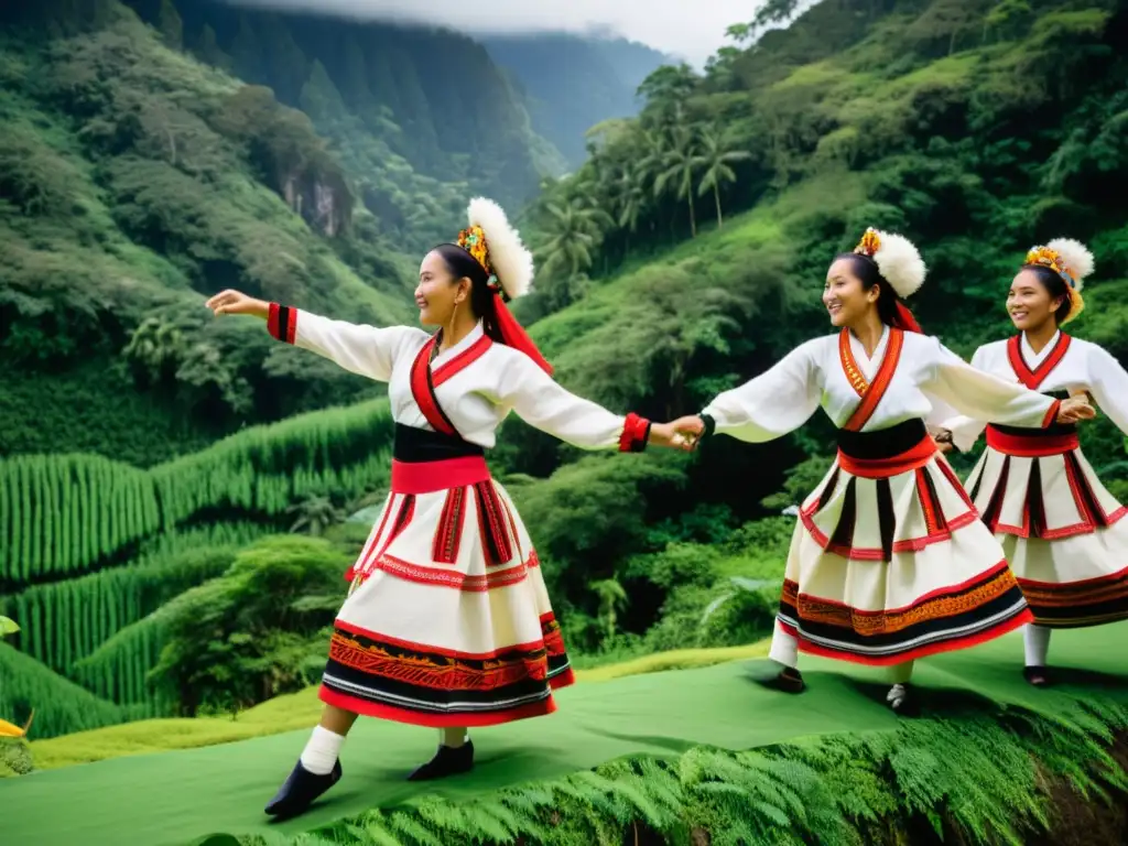 Un grupo de bailarines tradicionales con trajes vibrantes y detallados, danzando en un bosque exuberante