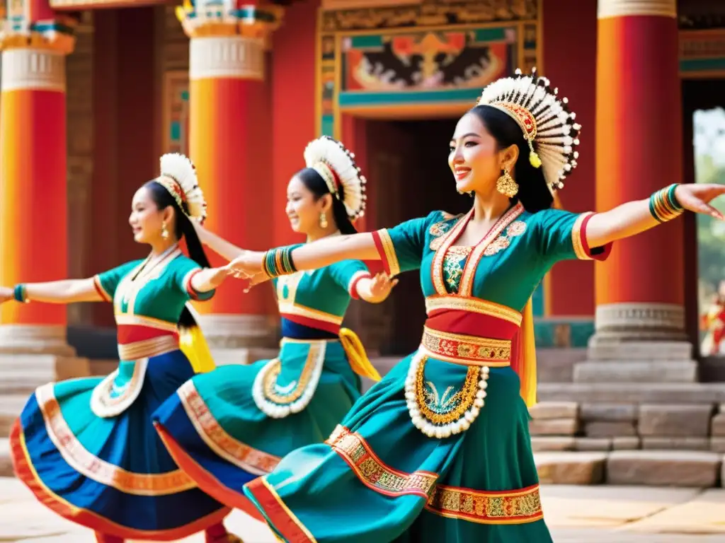 Grupo de bailarines tradicionales con trajes vibrantes danzando en un antiguo templo al sol