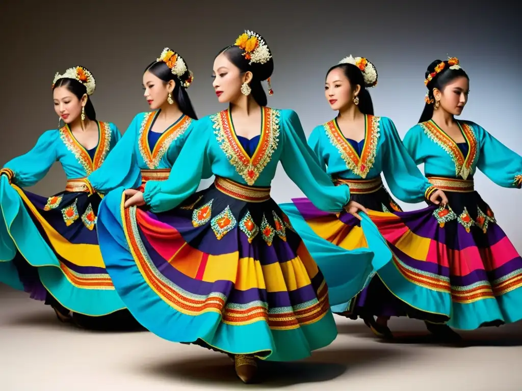 Espectáculo de danza tradicional: coloridos trajes en movimiento Grupo de bailarines tradicionales con trajes vibrantes y detallados, mostrando la belleza de la vestimenta en danza tradicional