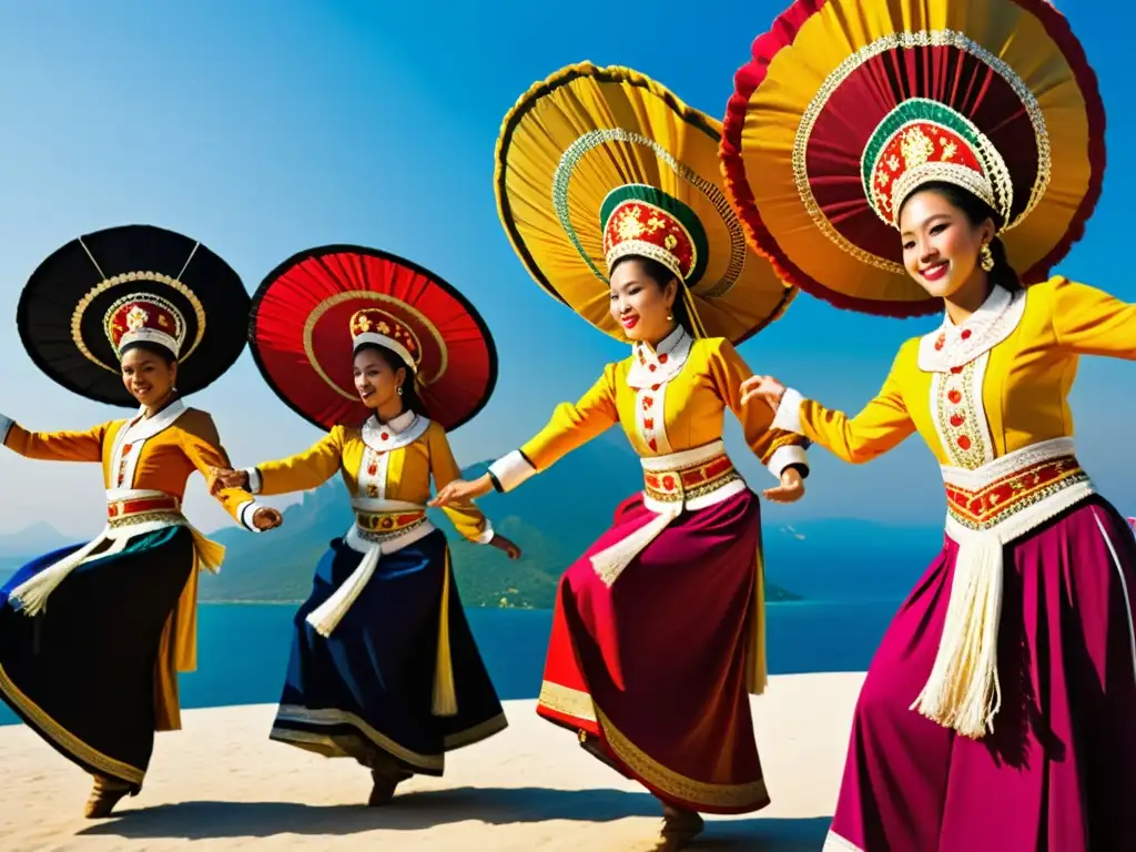 Espectáculo de baile tradicional: Movimientos dinámicos y coloridos Grupo de bailarines tradicionales, con trajes vibrantes y movimientos dinámicos, capturados en el aire