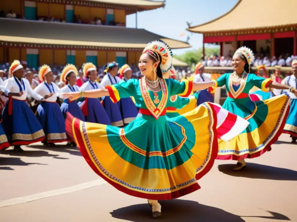 Grupo de bailarines tradicionales con trajes coloridos y elaborados realizando una danza en la plaza