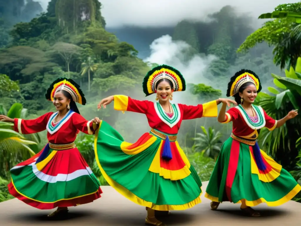 Un grupo de bailarines tradicionales con trajes coloridos realiza una danza vibrante en la selva tropical