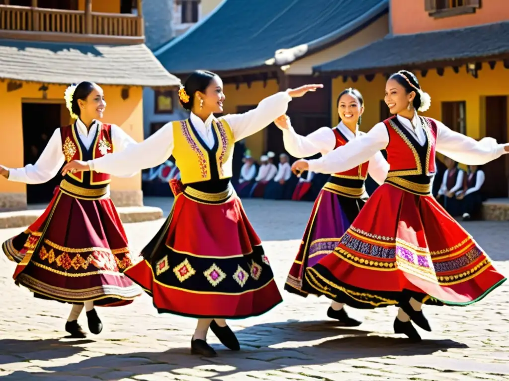 Grupo de bailarines tradicionales con trajes vibrantes danzan en una plaza soleada, reflejando el significado cultural de las danzas tradicionales